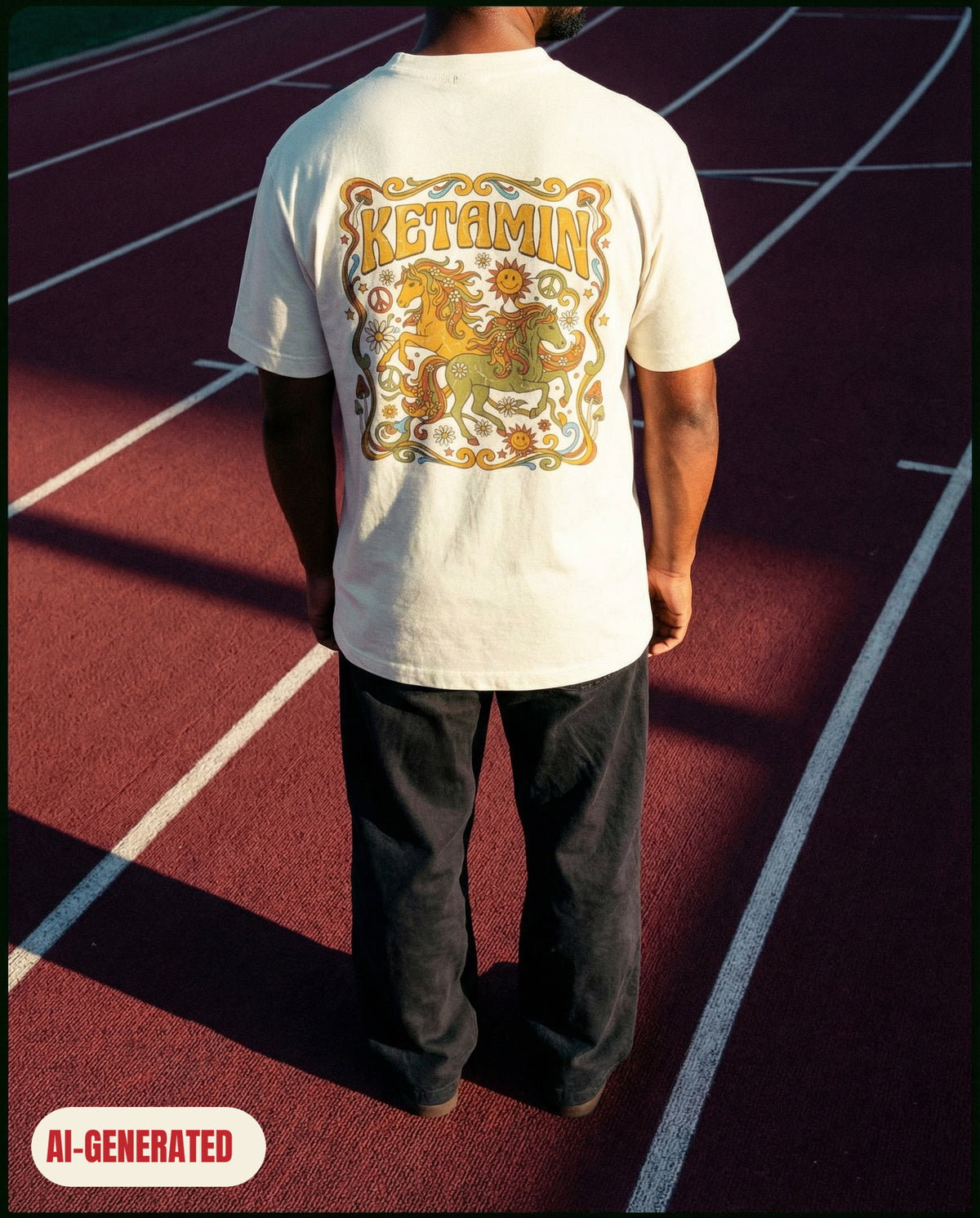 Model wearing REDFLAG shirt K Horses. AI-generated image.