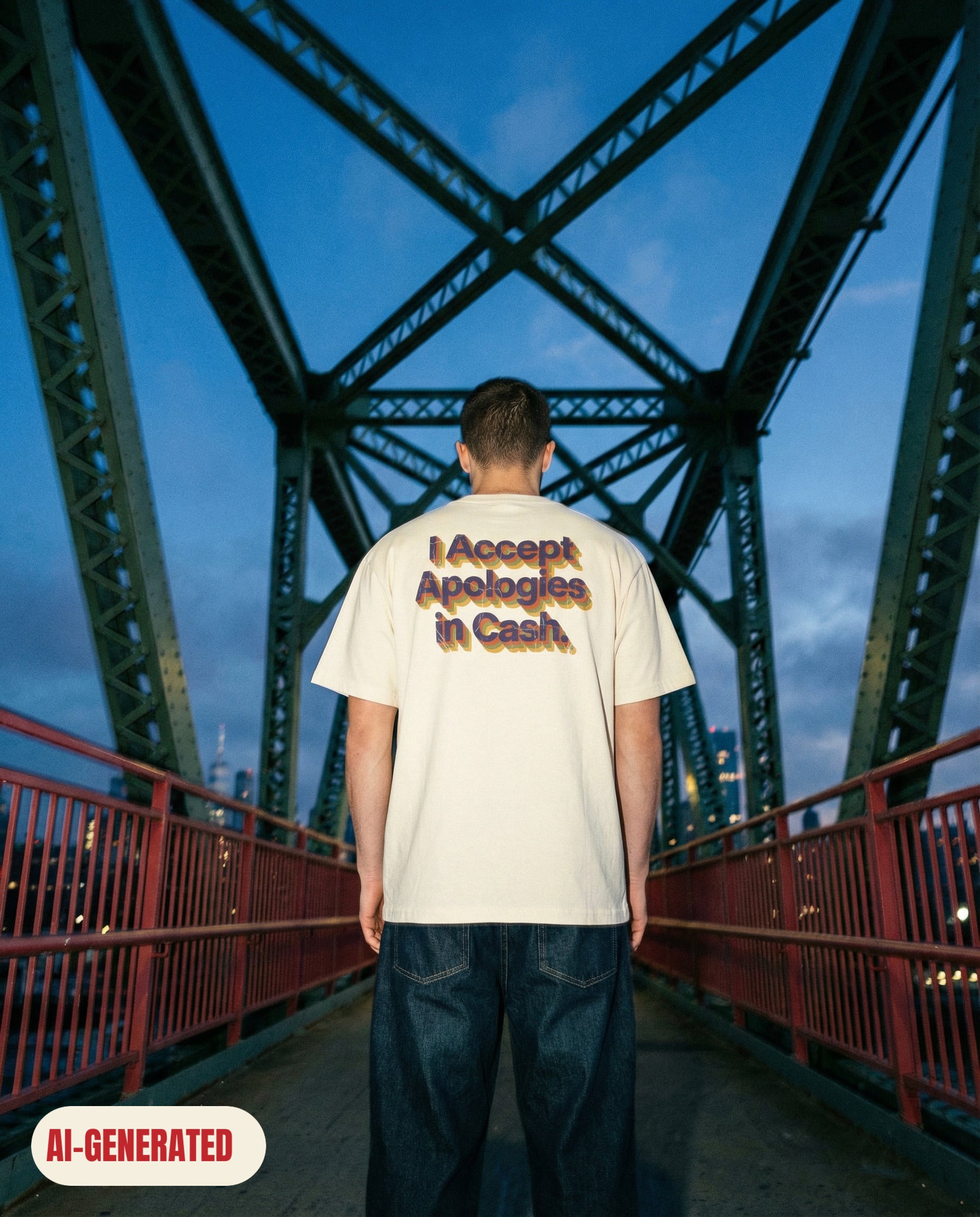 Model wearing REDFLAG shirt Apologies in Cash. AI-generated image.