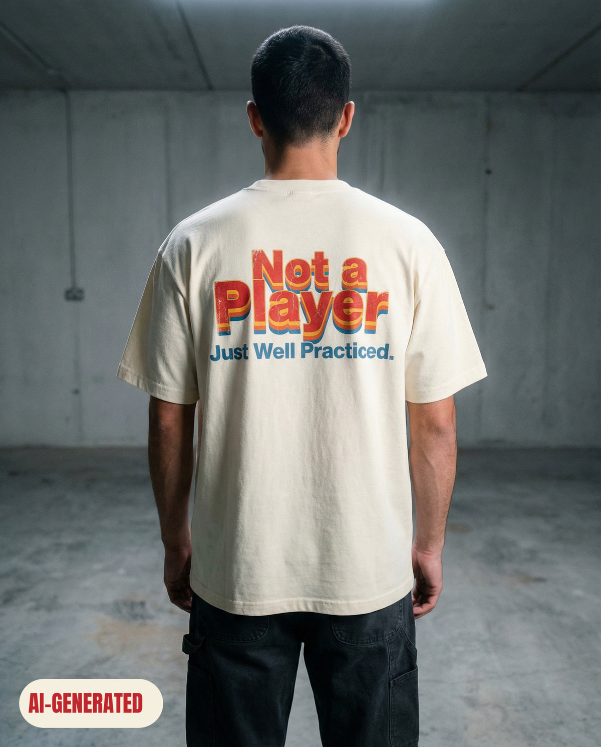 Model wearing REDFLAG shirt Not a Player. AI-generated image.