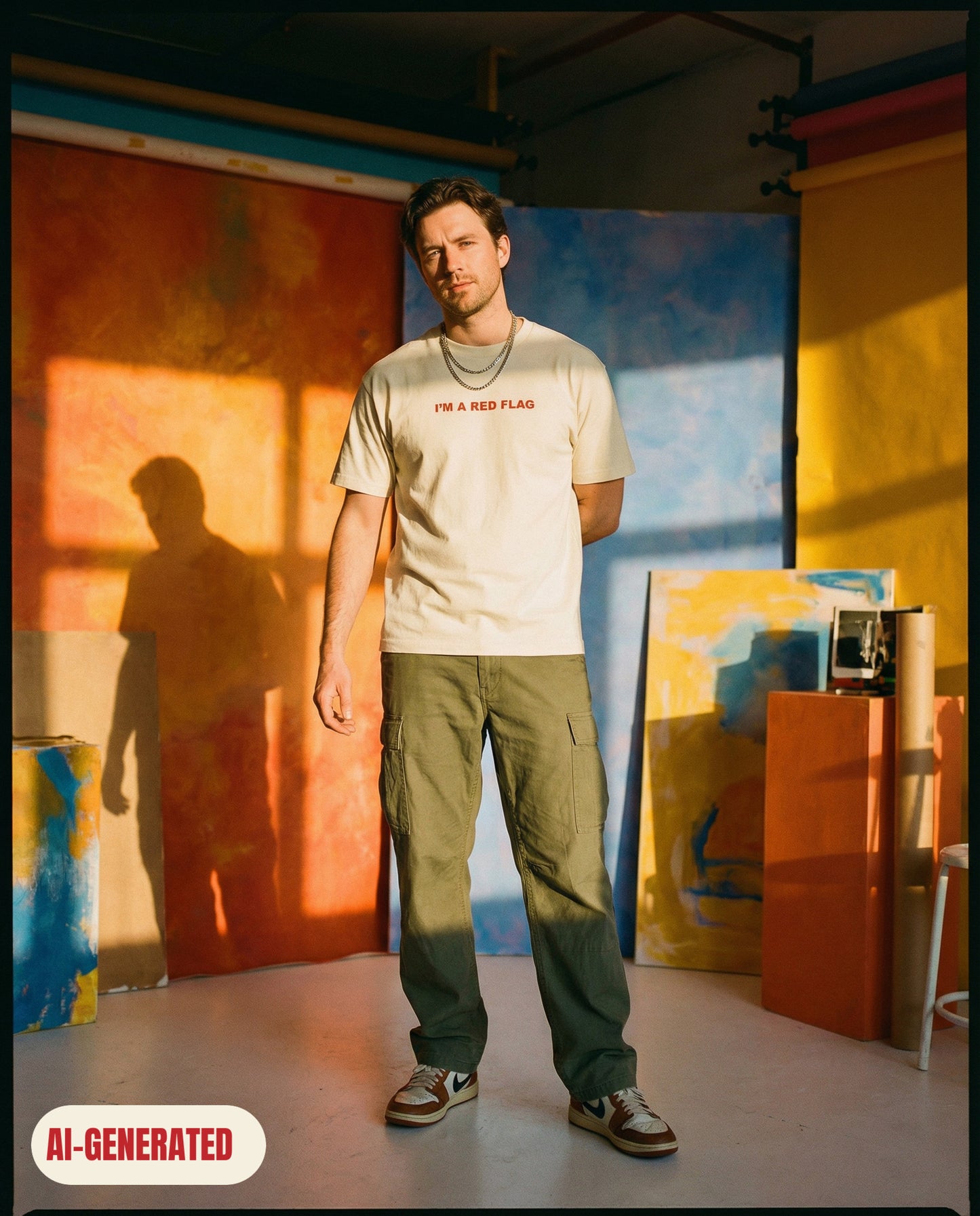 Model wearing REDFLAG shirt I'M A RED FLAG. AI-generated image.