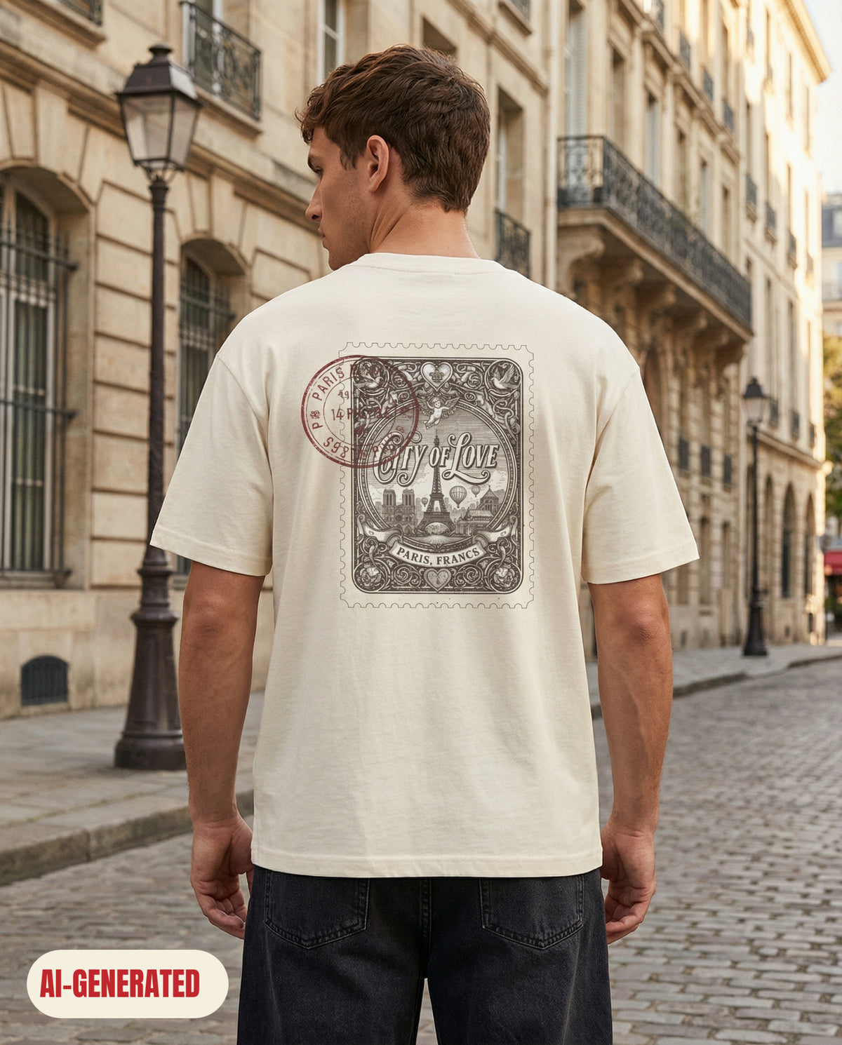 Model wearing REDFLAG shirt Paris – City of Love. AI-generated image.