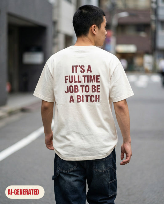 Model wearing REDFLAG shirt It's a Full Time Job. AI-generated image.