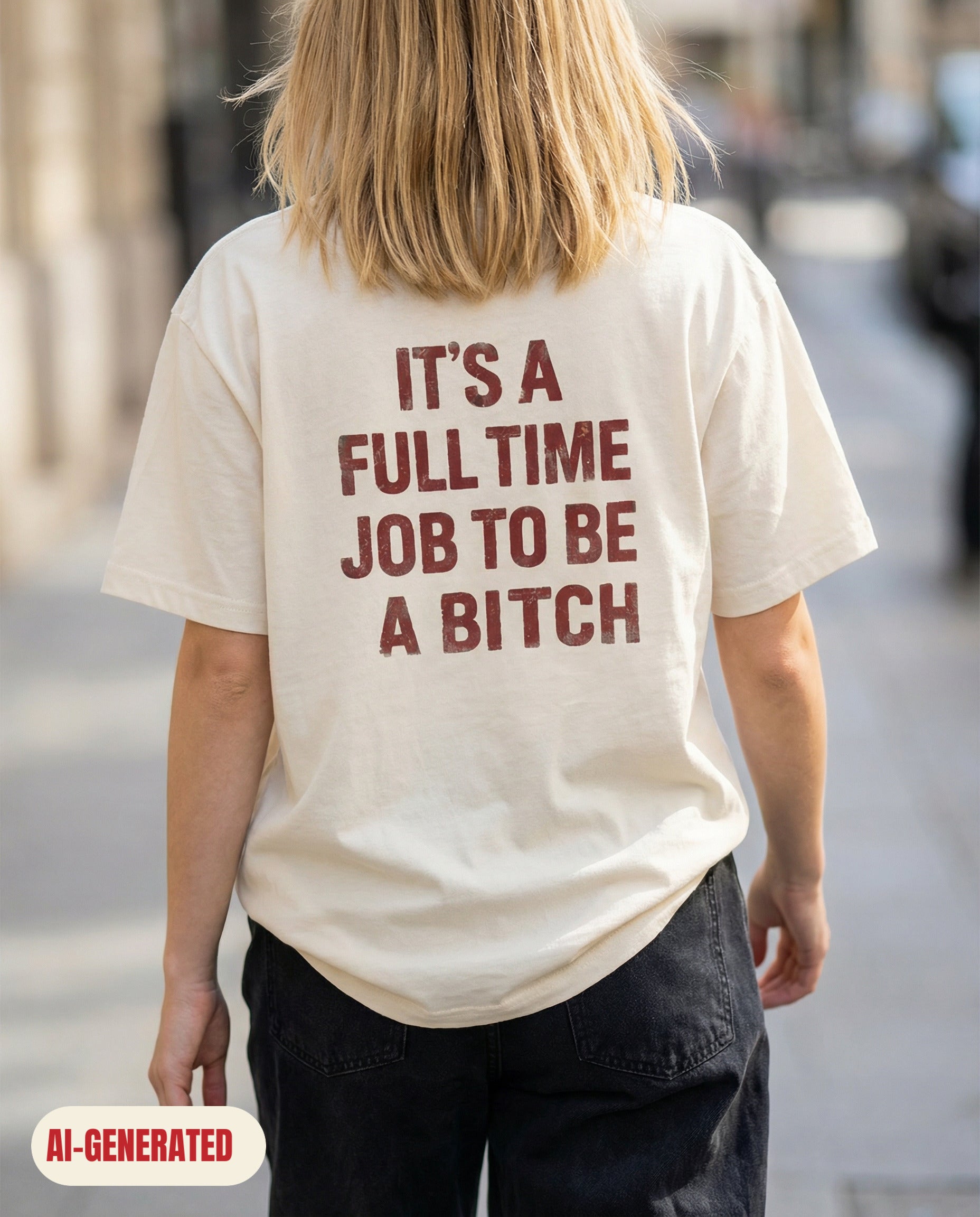 Model wearing REDFLAG shirt It's a Full Time Job. AI-generated image.