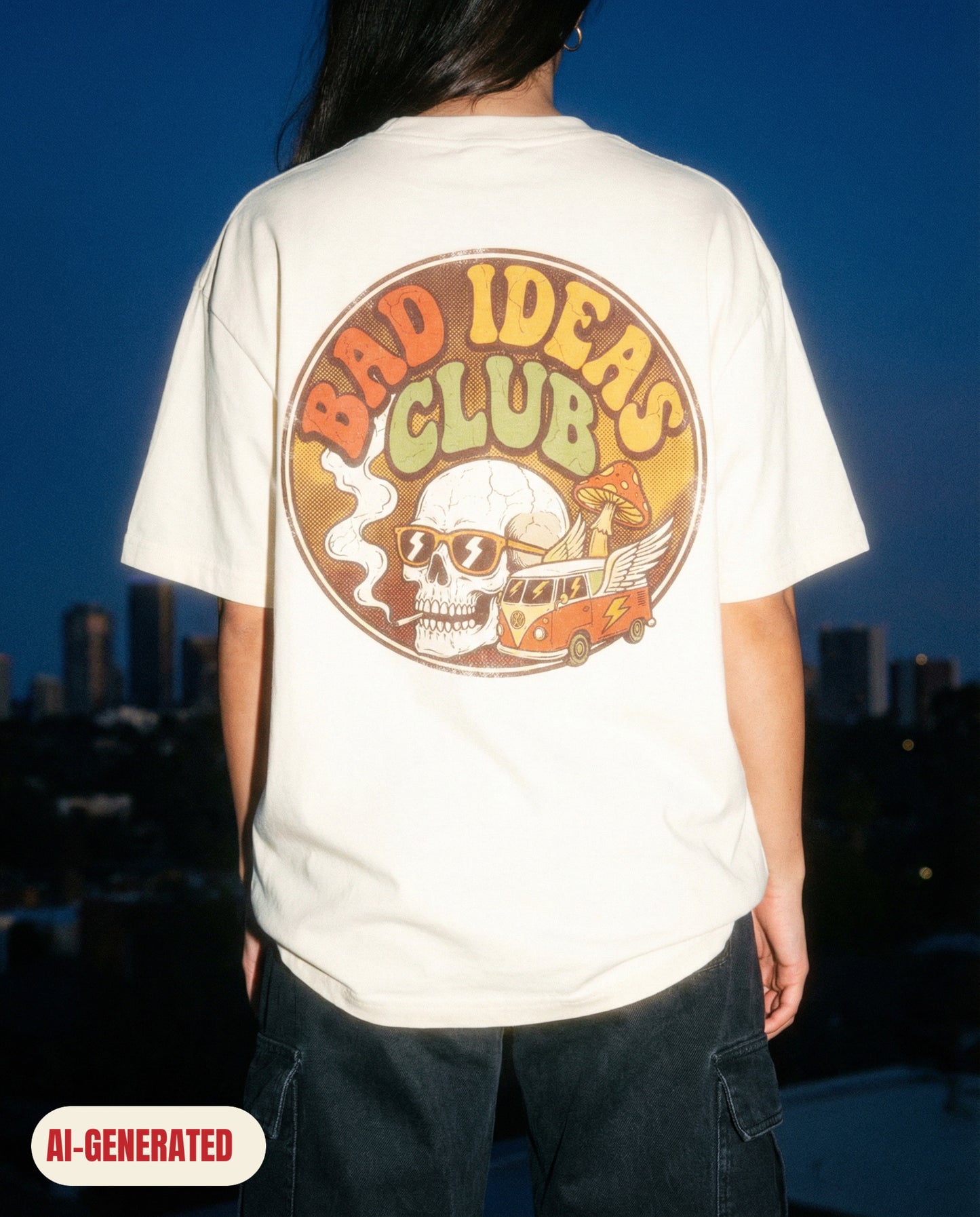 Model wearing REDFLAG shirt Bad Ideas Club. AI-generated image.