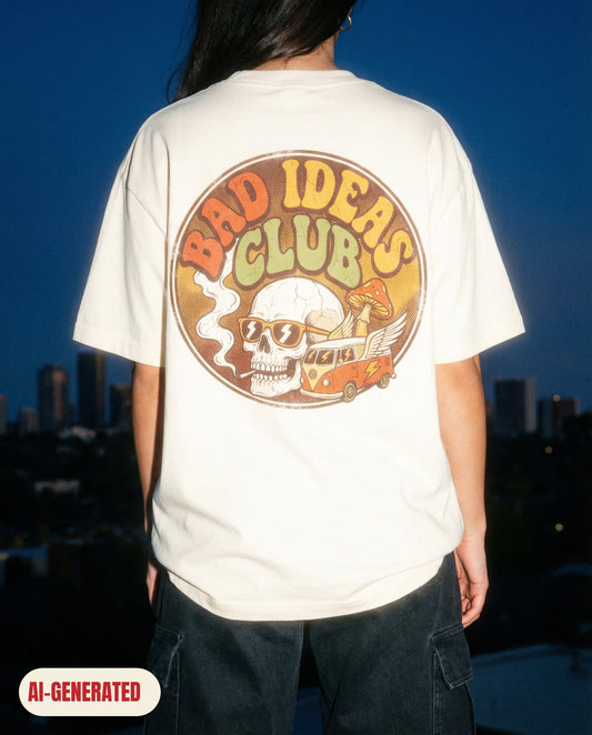 Model wearing REDFLAG shirt Bad Ideas Club. AI-generated image.