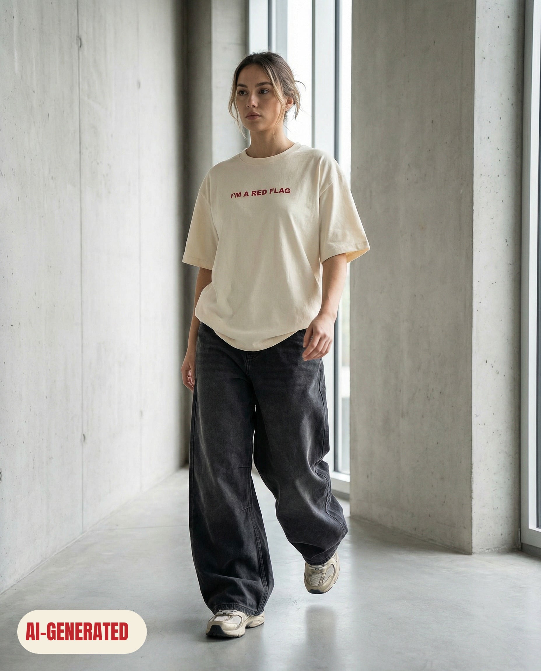 Model wearing REDFLAG shirt I'M A RED FLAG. AI-generated image.