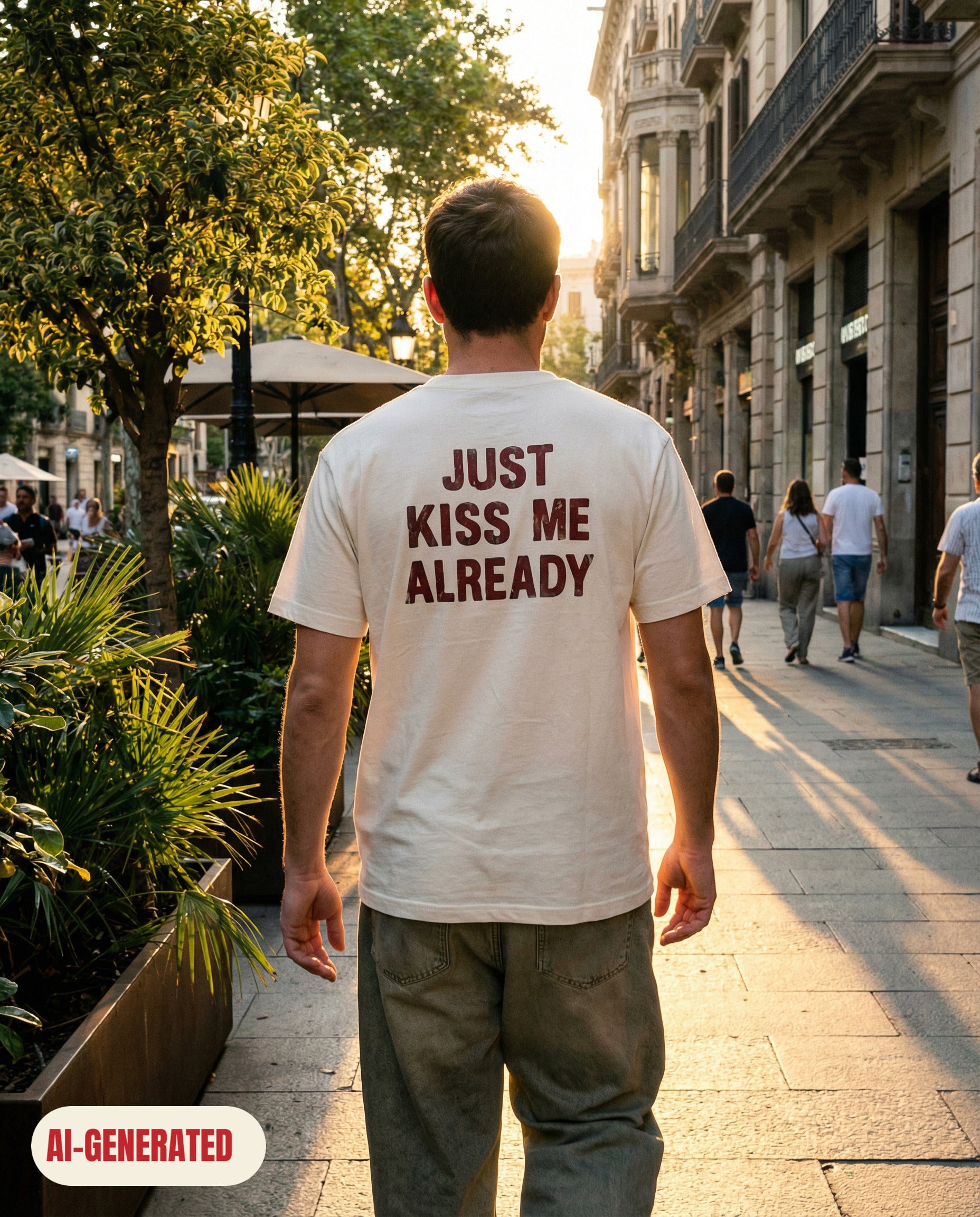 Model wearing REDFLAG shirt Just Kiss Me. AI-generated image.