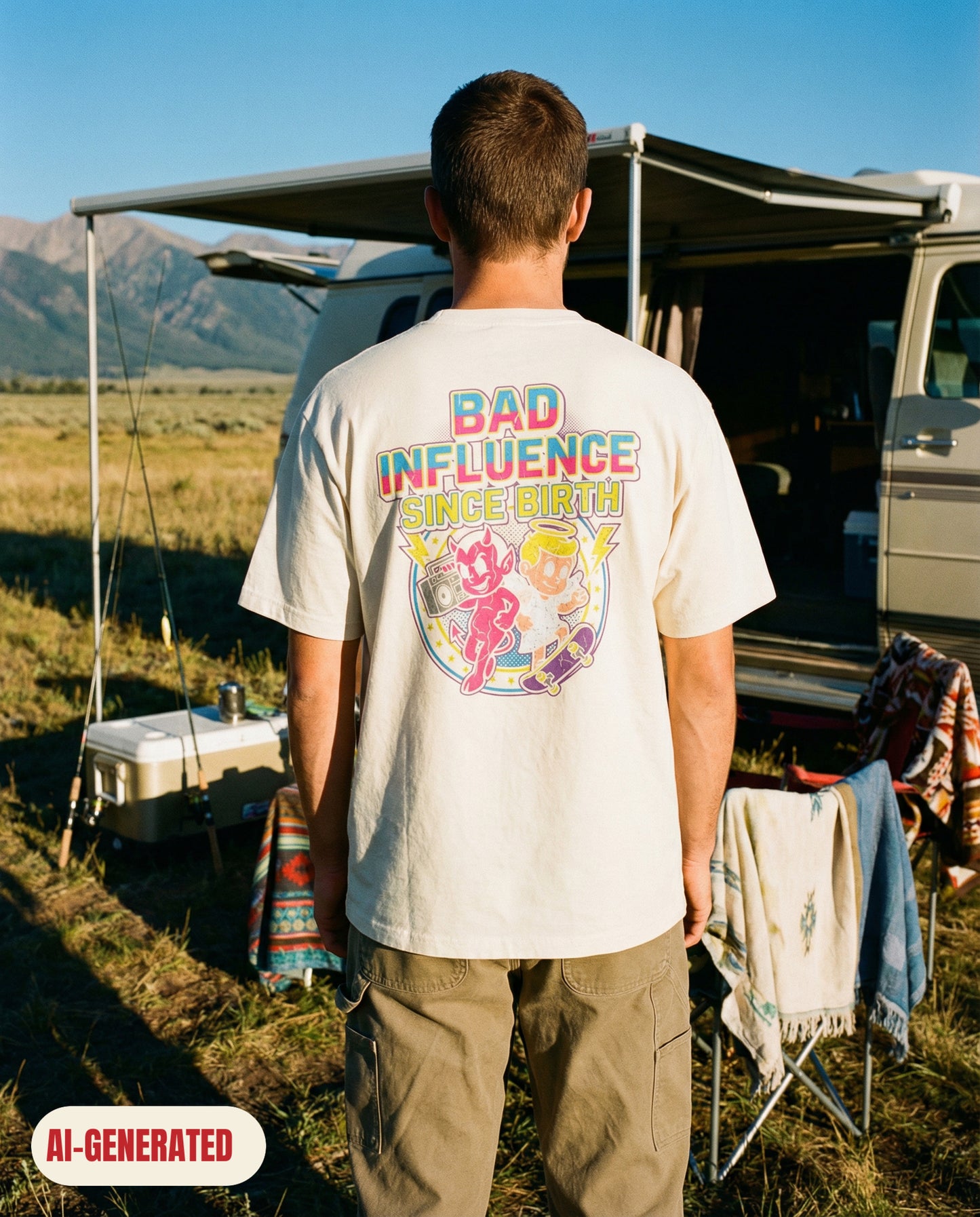 Model wearing REDFLAG shirt Bad Influence. AI-generated image.