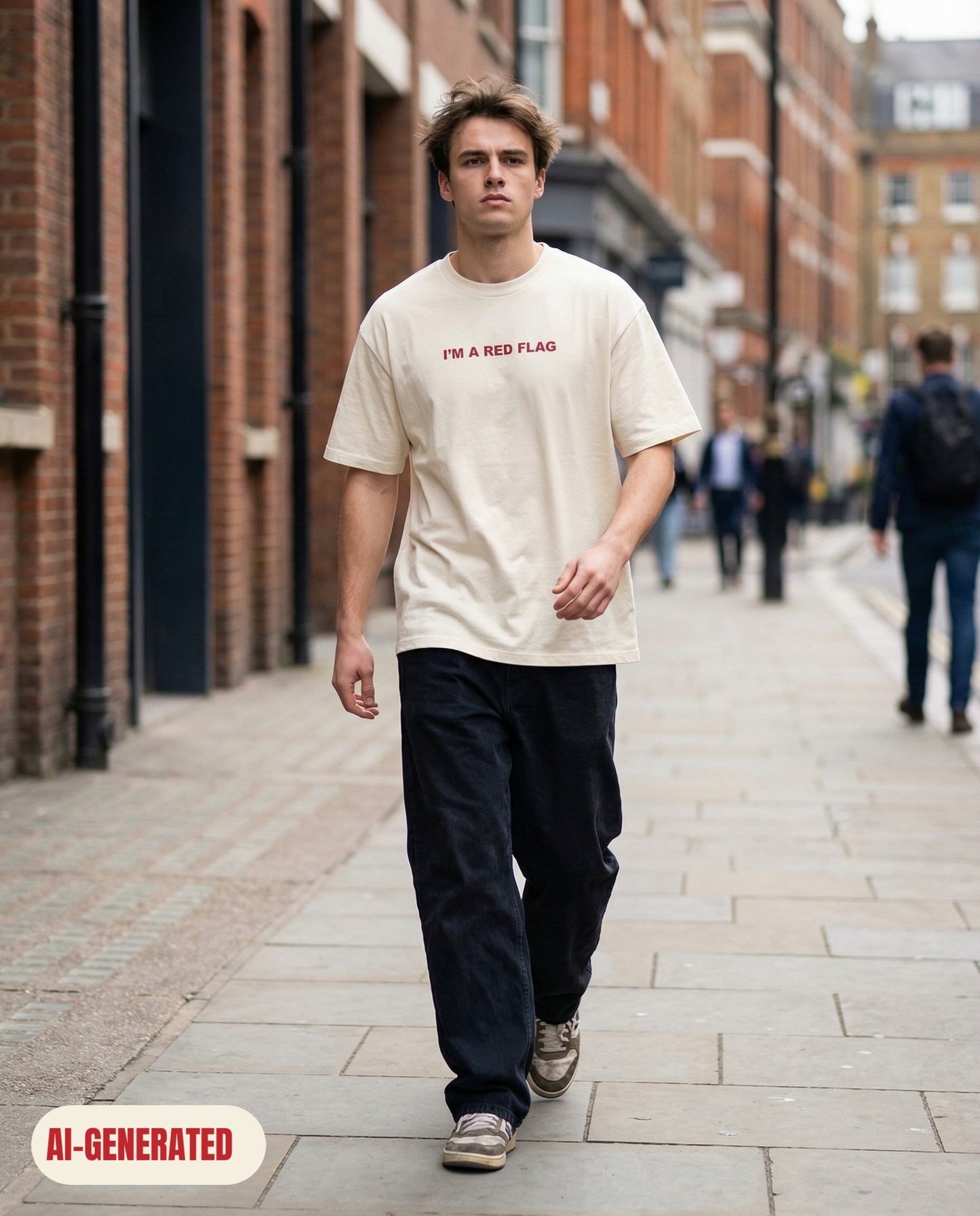 Model wearing REDFLAG shirt I'M A RED FLAG. AI-generated image.