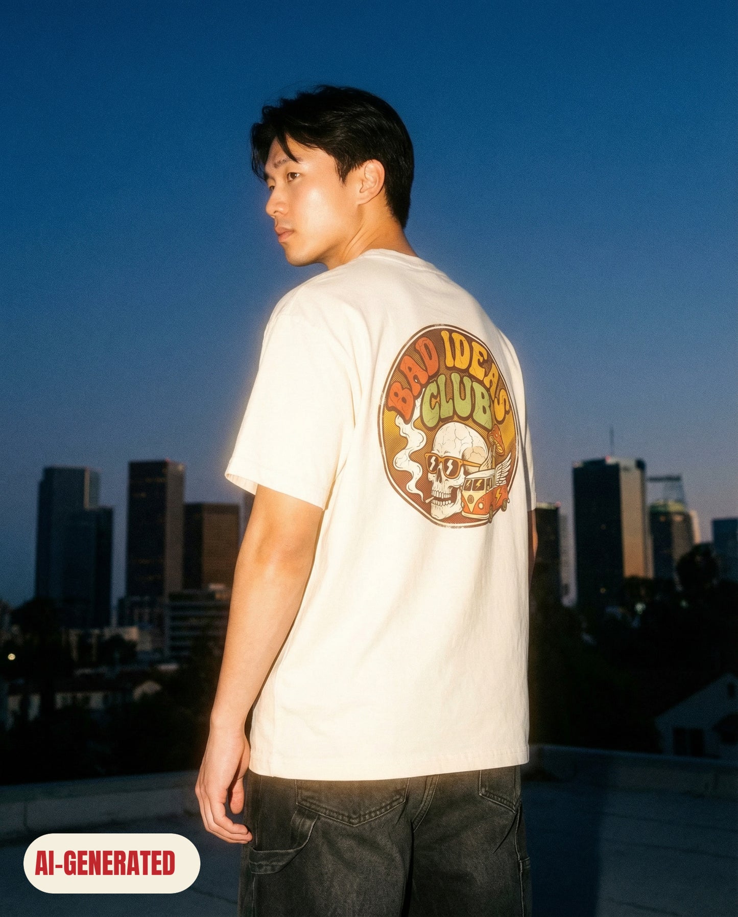 Model wearing REDFLAG shirt Bad Ideas Club. AI-generated image.