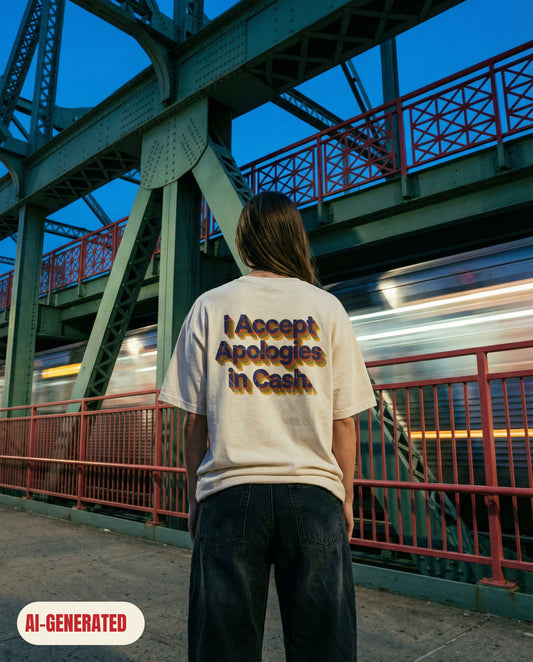 Model wearing REDFLAG shirt Apologies in Cash. AI-generated image.