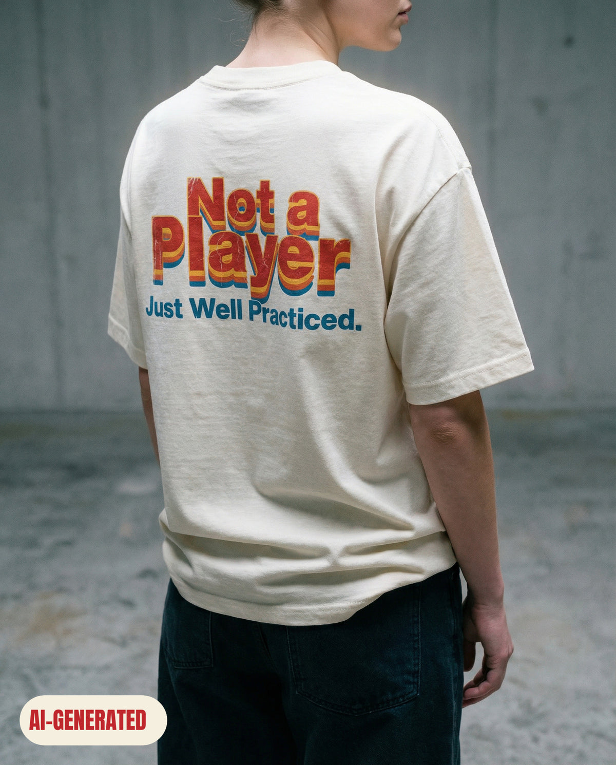 Model wearing REDFLAG shirt Not a Player. AI-generated image.