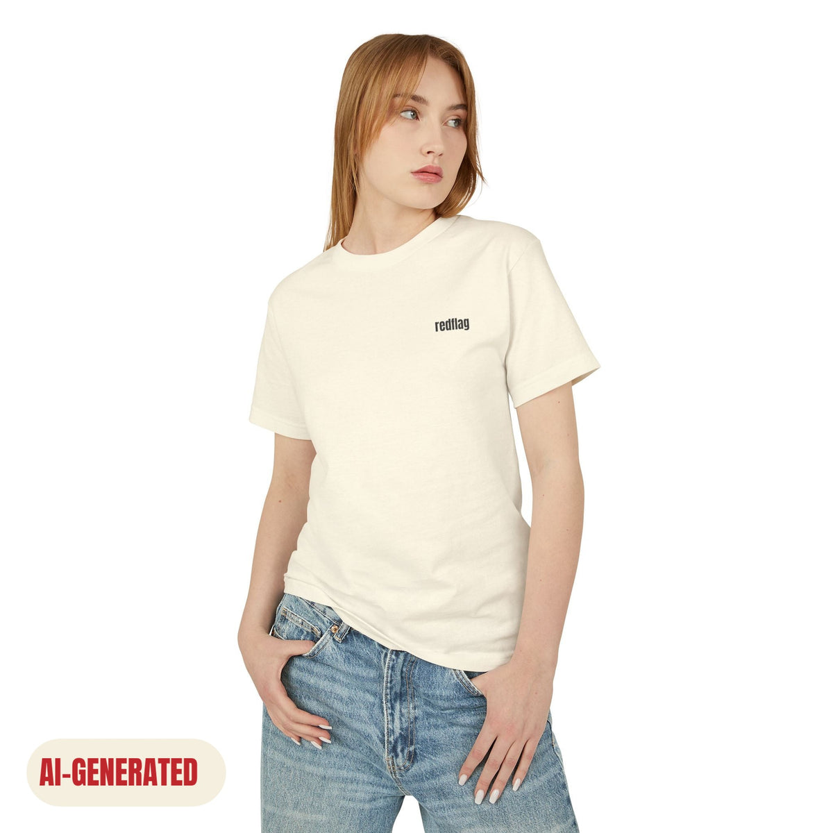 Model wearing REDFLAG shirt K Horses. AI-generated image.