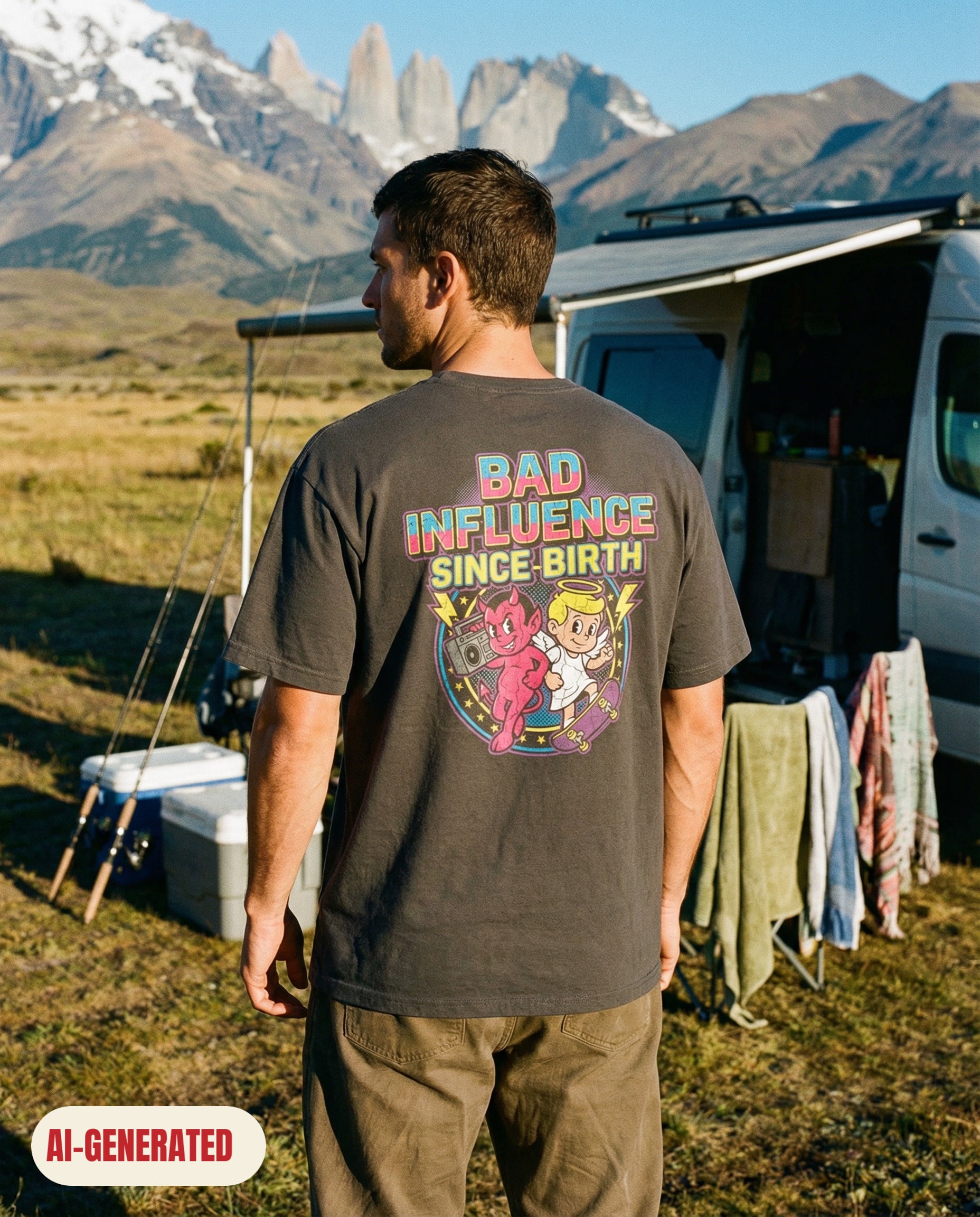 Model wearing REDFLAG shirt Bad Influence. AI-generated image.