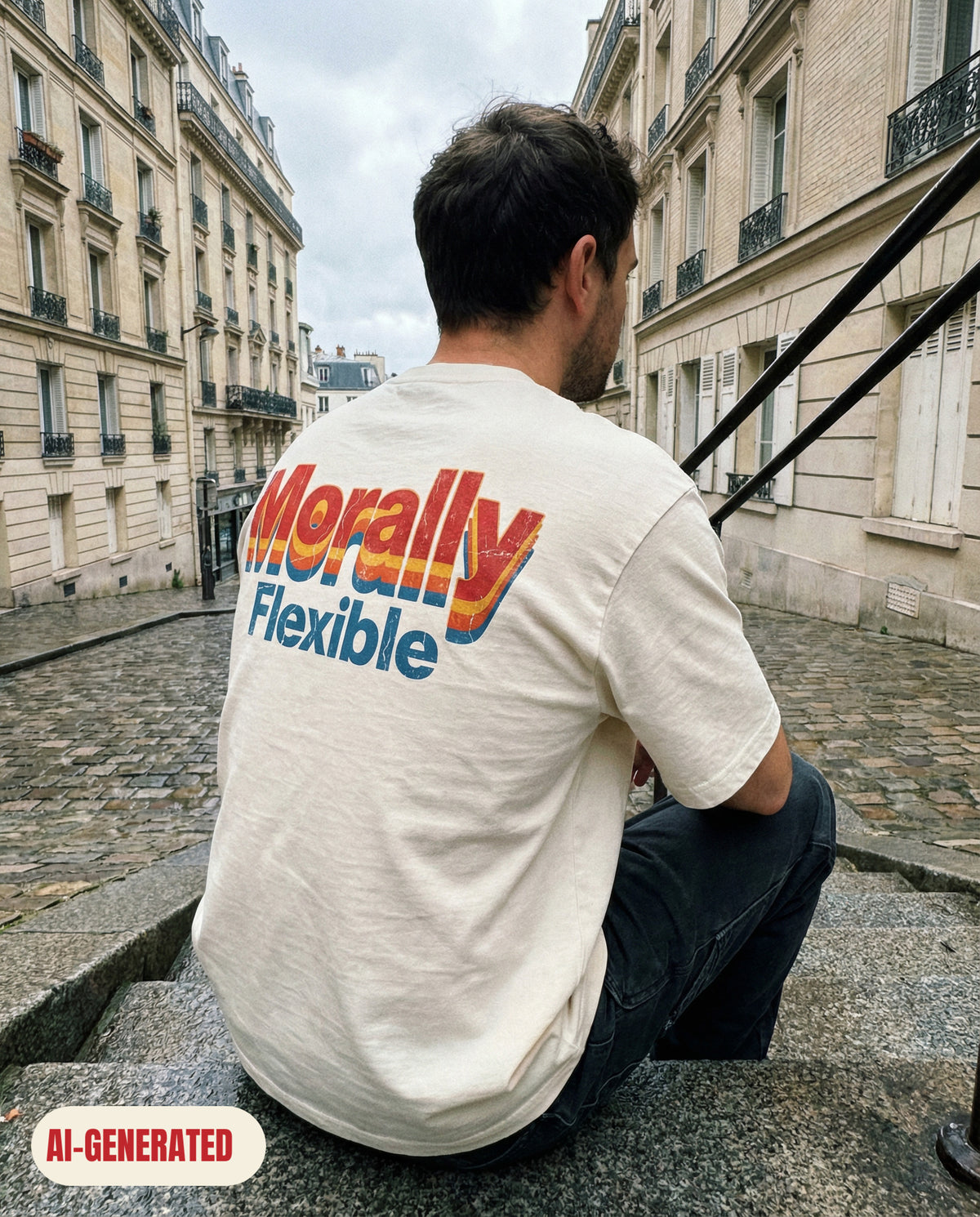 Model wearing REDFLAG shirt Morally Flexible. AI-generated image.