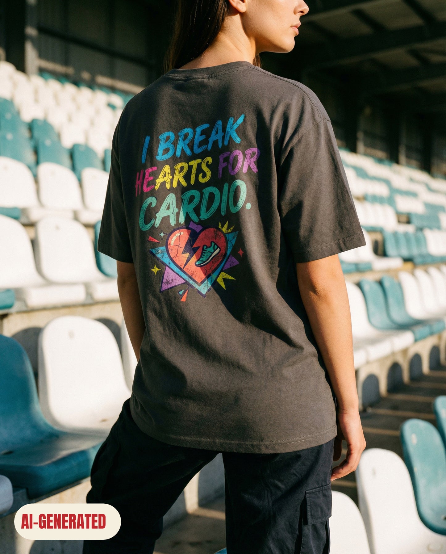 Model wearing REDFLAG shirt Break Hearts for Cardio. AI-generated image.