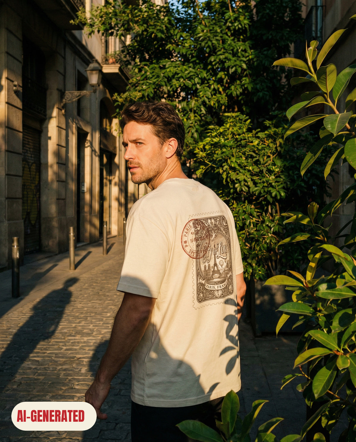 Model wearing REDFLAG shirt Paris – City of Love. AI-generated image.