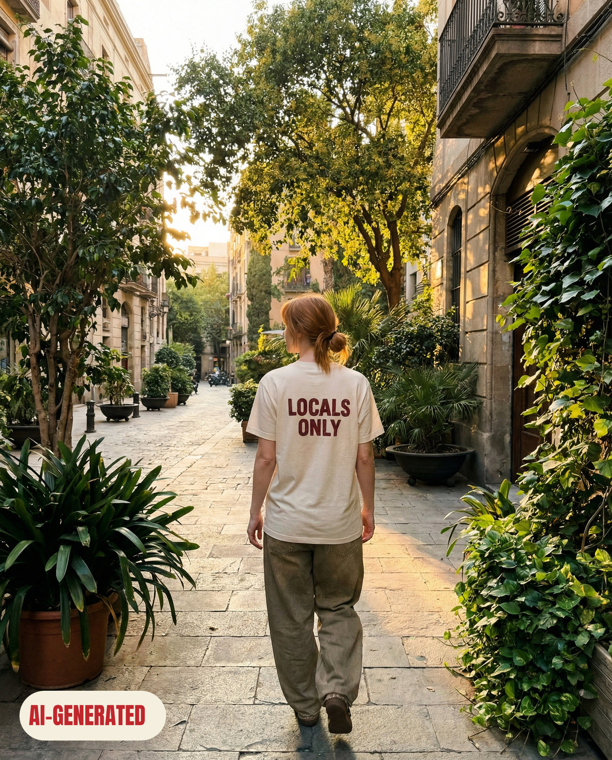 Model wearing REDFLAG shirt Locals Only. AI-generated image.