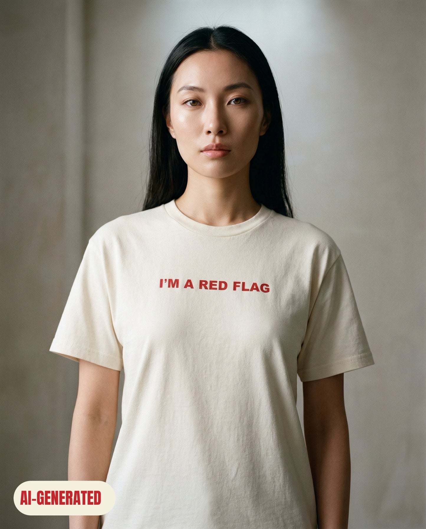 Model wearing REDFLAG shirt I'M A RED FLAG. AI-generated image.