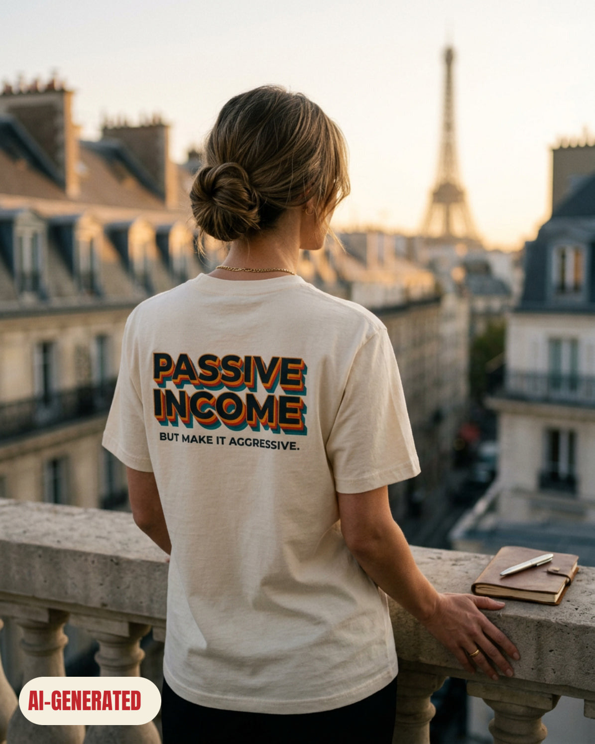 Model wearing REDFLAG shirt Passive Income. AI-generated image.