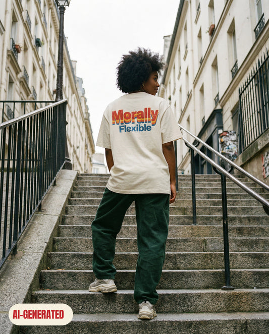 Model wearing REDFLAG shirt Morally Flexible. AI-generated image.