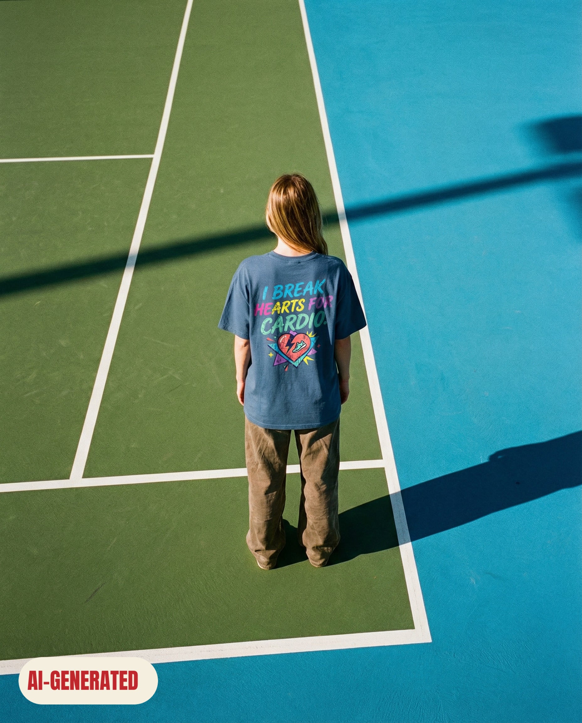 Model wearing REDFLAG shirt Break Hearts for Cardio. AI-generated image.