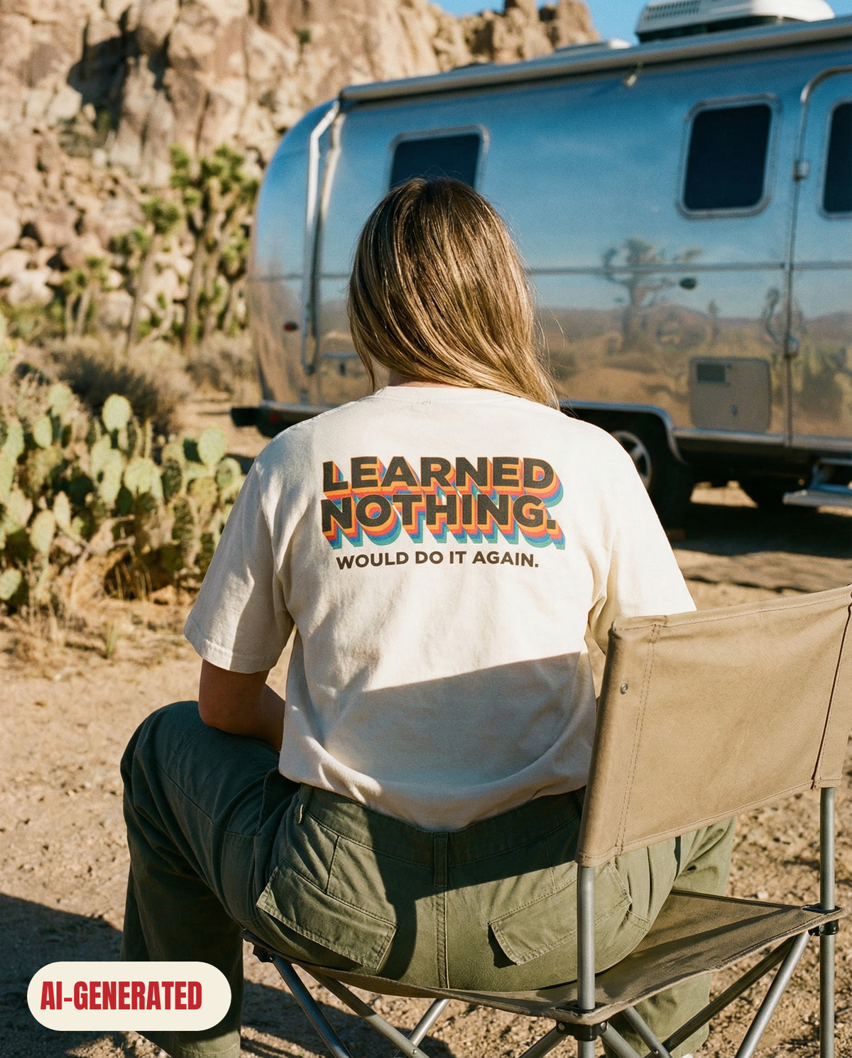 Model wearing REDFLAG shirt Would Do It Again. AI-generated image.