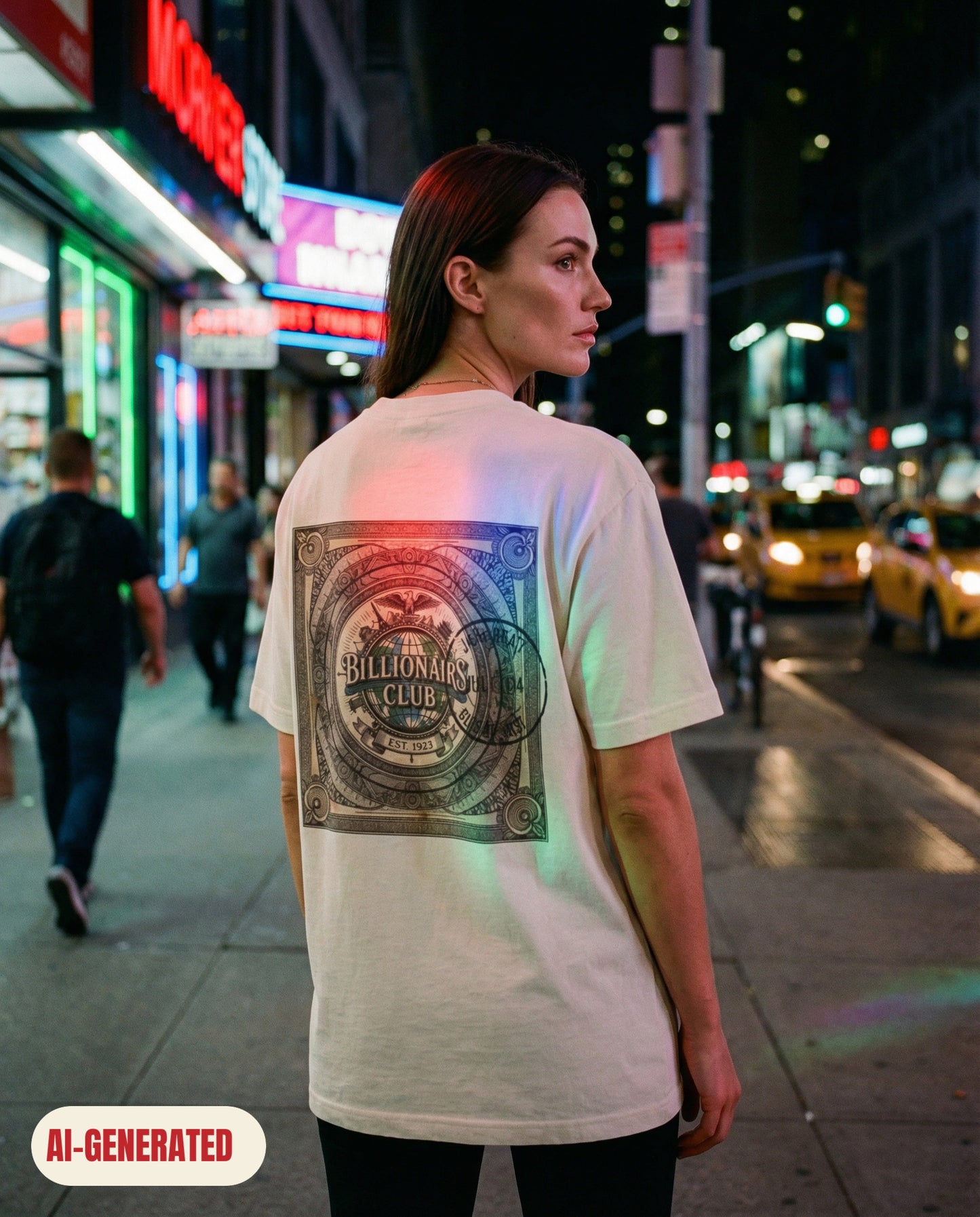 Model wearing REDFLAG shirt Billionairs Club. AI-generated image.