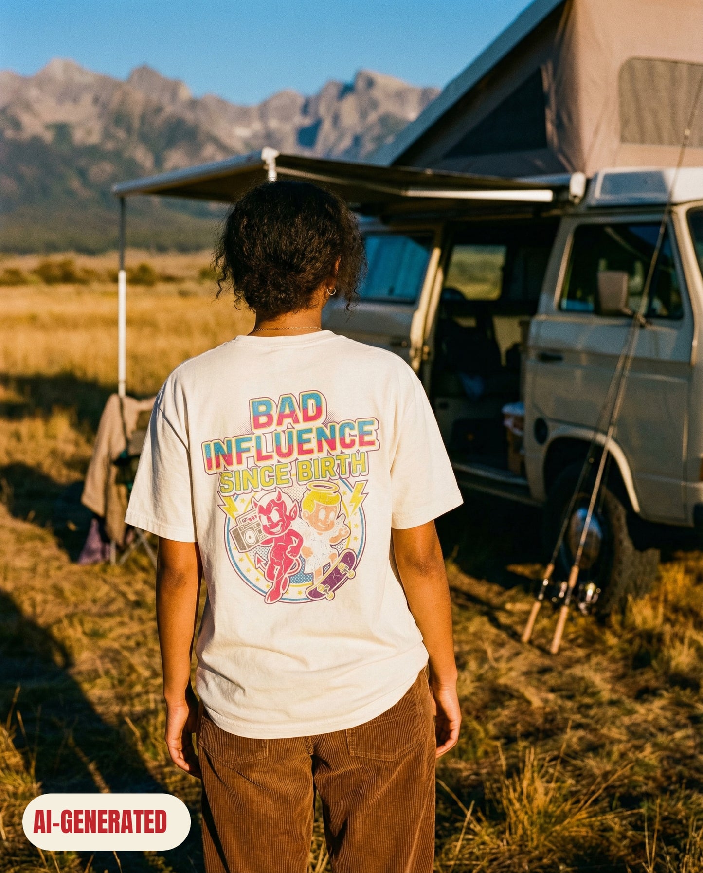 Model wearing REDFLAG shirt Bad Influence. AI-generated image.