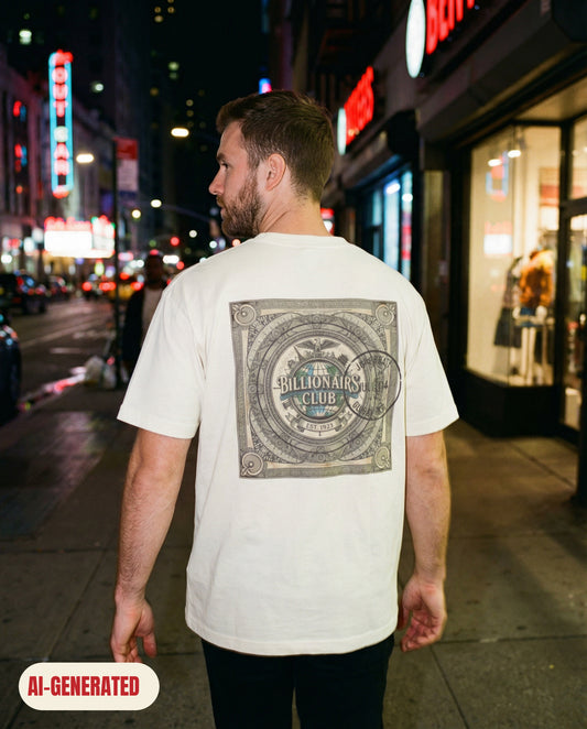 Model wearing REDFLAG shirt Billionairs Club. AI-generated image.