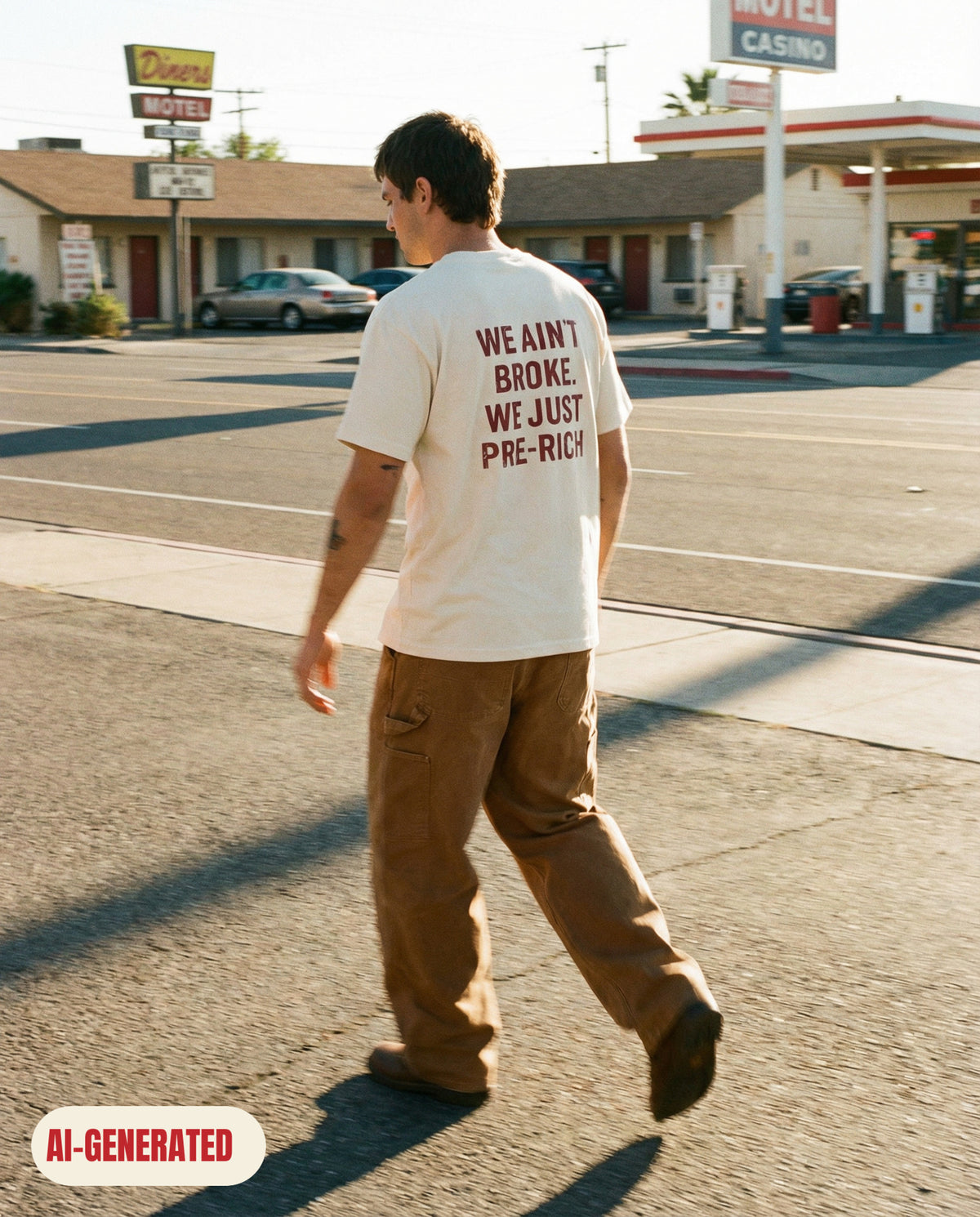 Model wearing REDFLAG shirt PRE RICH. AI-generated image.