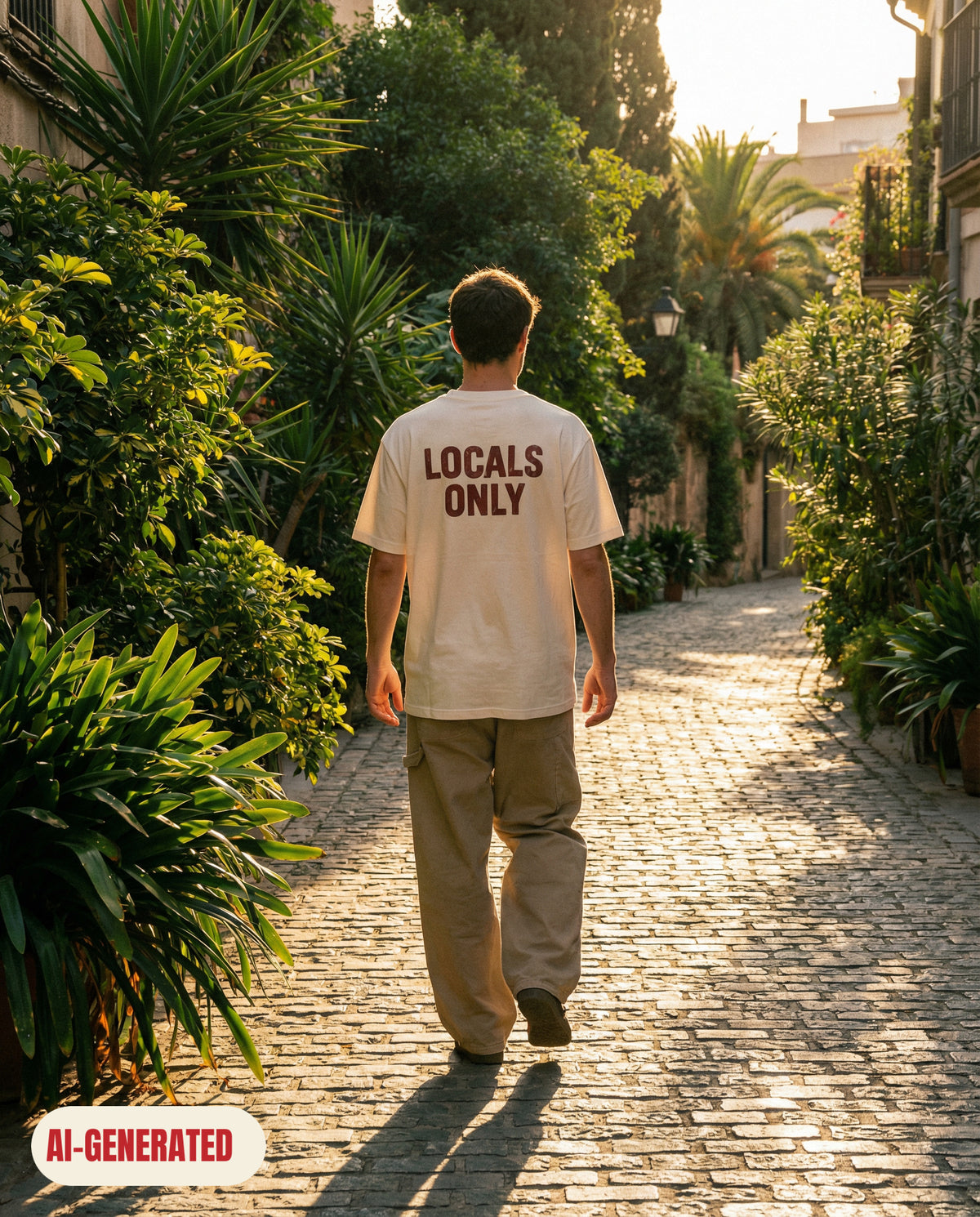 Model wearing REDFLAG shirt Locals Only. AI-generated image.