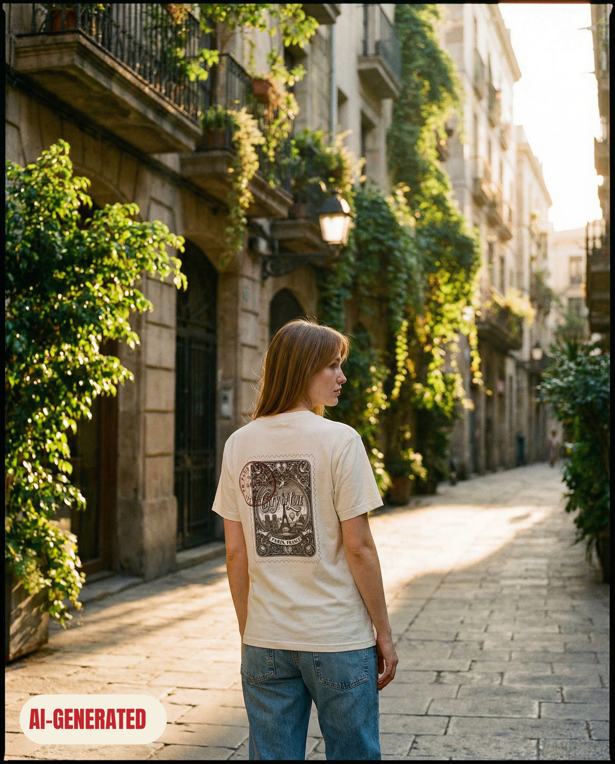 Model wearing REDFLAG shirt Paris – City of Love. AI-generated image.