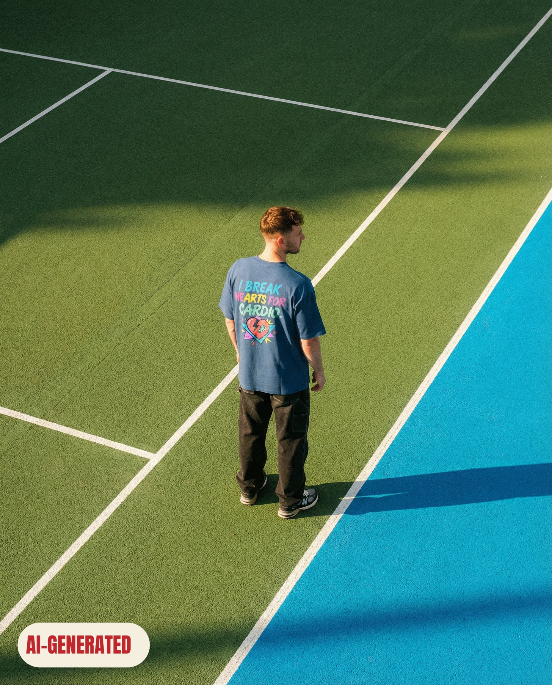 Model wearing REDFLAG shirt Break Hearts for Cardio. AI-generated image.