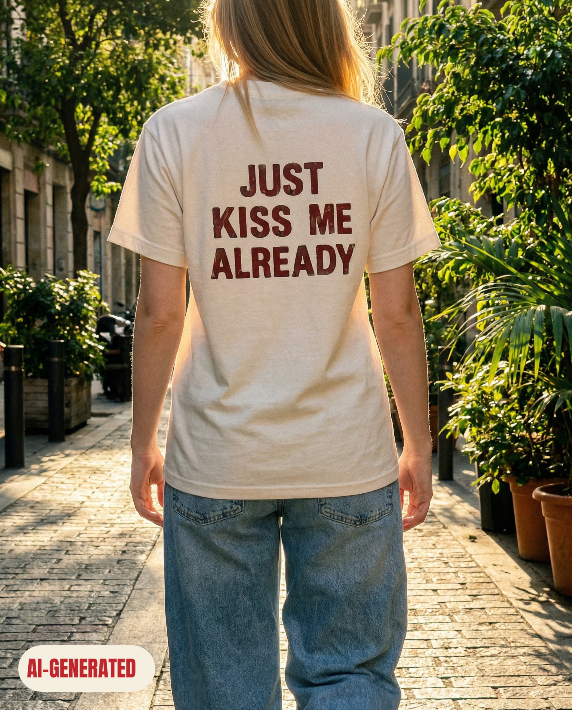 Model wearing REDFLAG shirt Just Kiss Me. AI-generated image.