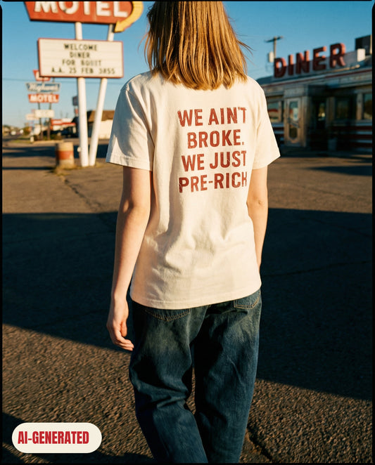 Model wearing REDFLAG shirt PRE RICH. AI-generated image.