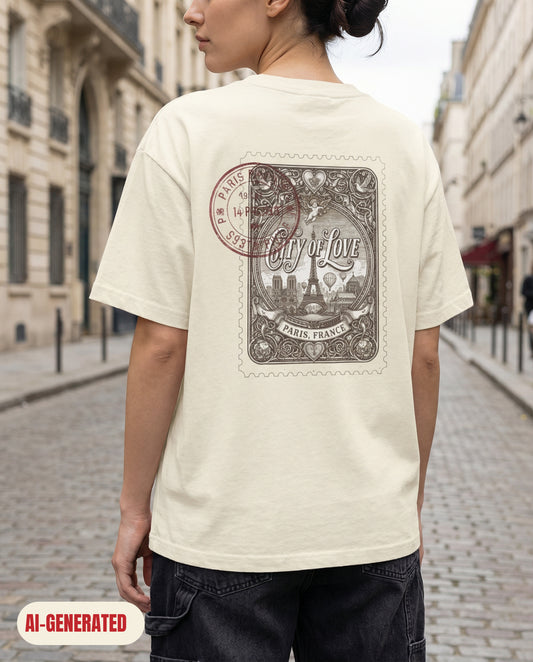 Model wearing REDFLAG shirt Paris – City of Love. AI-generated image.