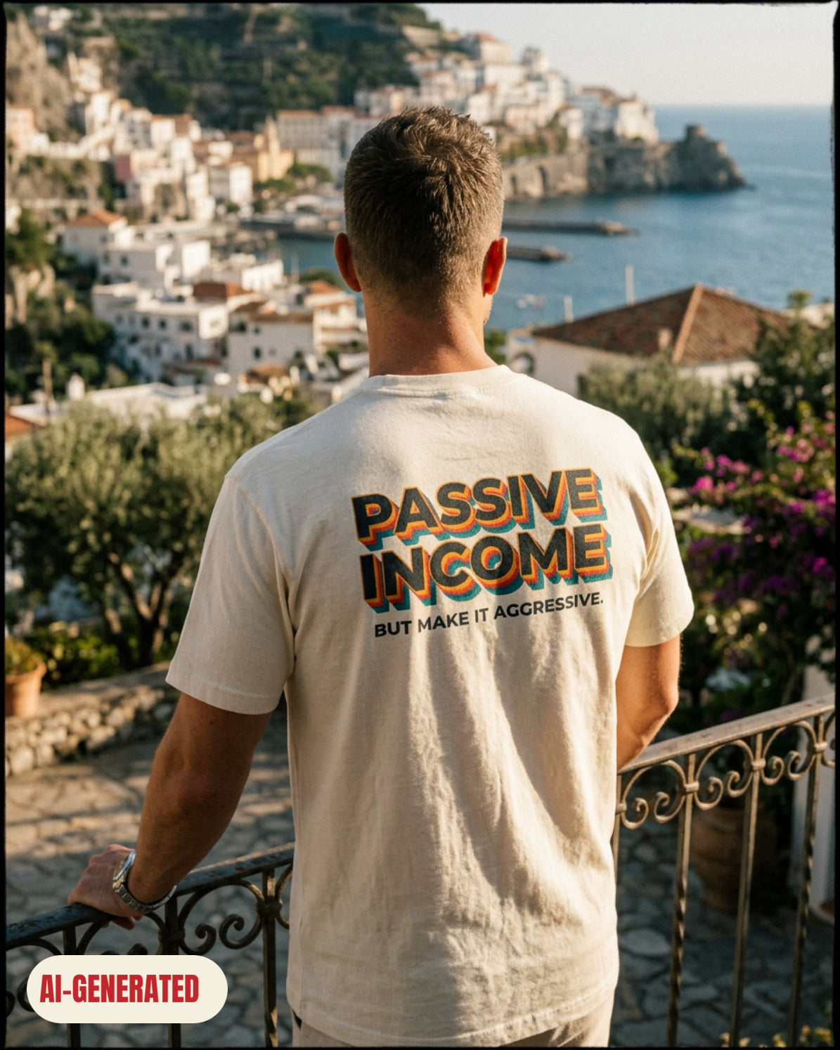 Model wearing REDFLAG shirt Passive Income. AI-generated image.