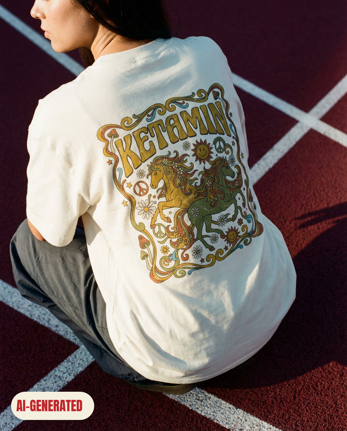 Model wearing REDFLAG shirt K Horses. AI-generated image.