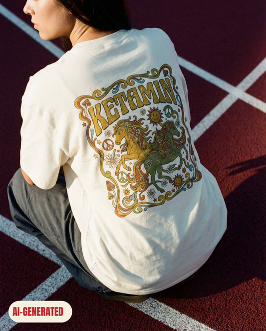 Model wearing REDFLAG shirt K Horses. AI-generated image.