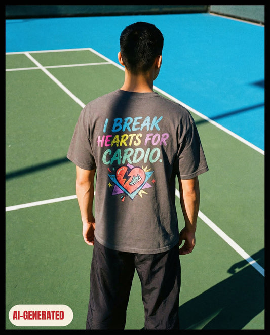 Model wearing REDFLAG shirt Break Hearts for Cardio. AI-generated image.