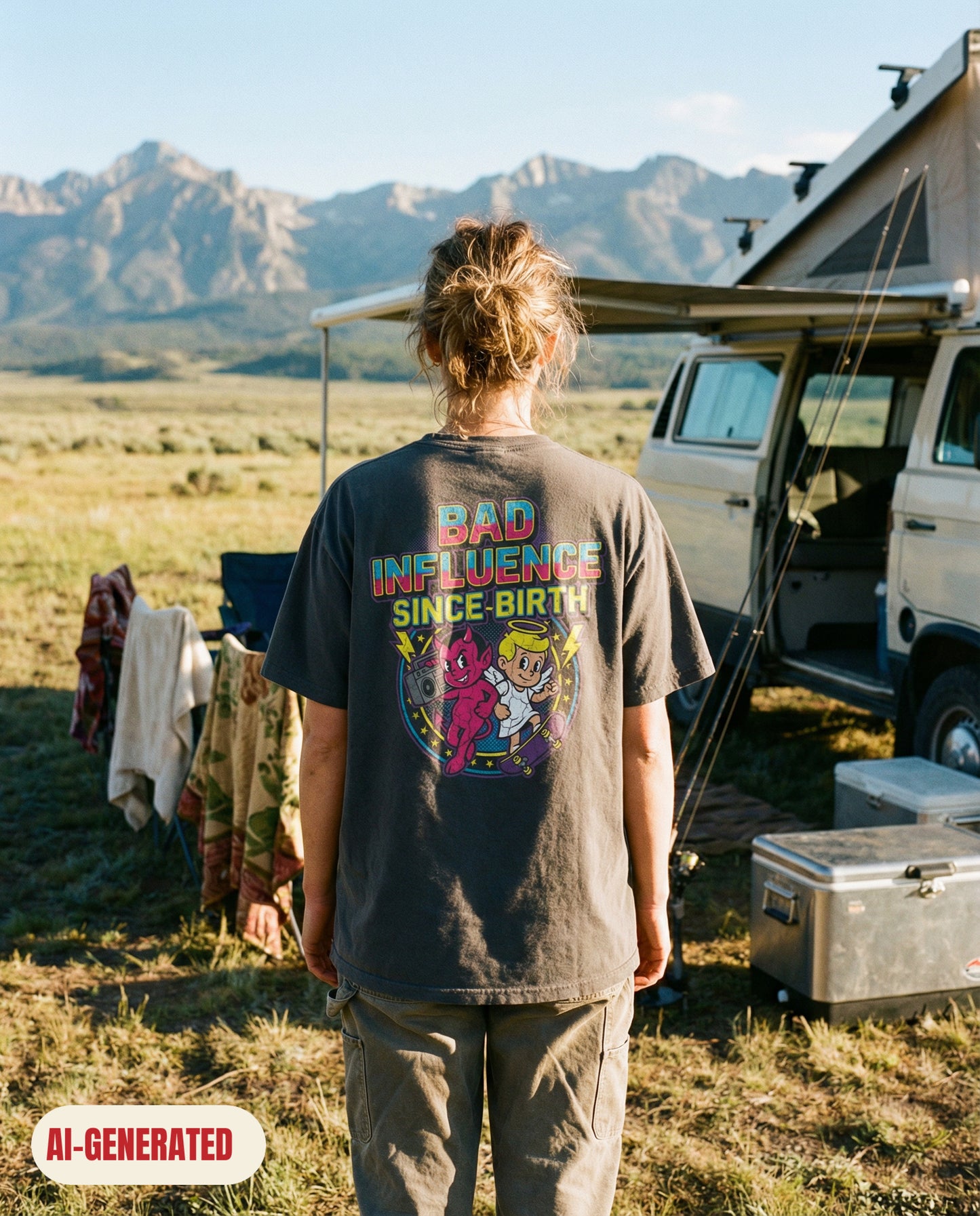 Model wearing REDFLAG shirt Bad Influence. AI-generated image.